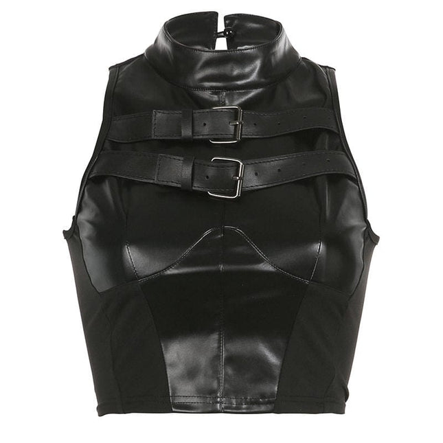 TALKLESSFASHION VOstudio cool hot girl biker style turtleneck vest functional lace-up design PU leather sleeveless top for women
