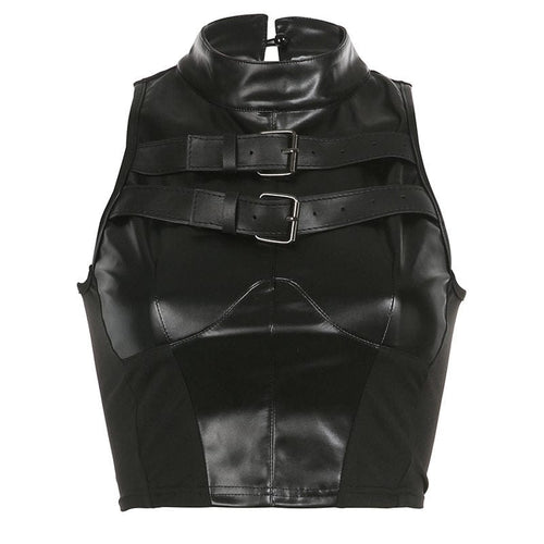 THETLSTUDIO VOstudio cool hot girl biker style turtleneck vest functional lace-up design PU leather sleeveless top for women