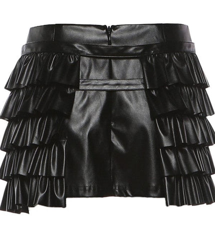 TALKLESSFASHION VOstudio cool personality PU leather lace-up multi-layer ruffle design skirt 2026 new hip-hugging skirt