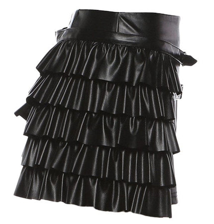 TALKLESSFASHION VOstudio cool personality PU leather lace-up multi-layer ruffle design skirt 2026 new hip-hugging skirt
