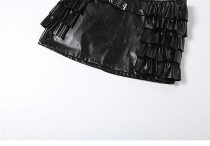 TALKLESSFASHION VOstudio cool personality PU leather lace-up multi-layer ruffle design skirt 2026 new hip-hugging skirt