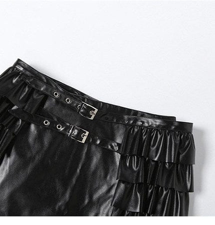 TALKLESSFASHION VOstudio cool personality PU leather lace-up multi-layer ruffle design skirt 2026 new hip-hugging skirt