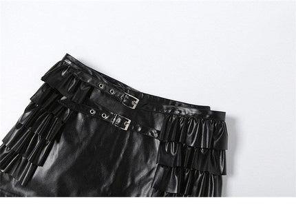 TALKLESSFASHION VOstudio cool personality PU leather lace-up multi-layer ruffle design skirt 2026 new hip-hugging skirt