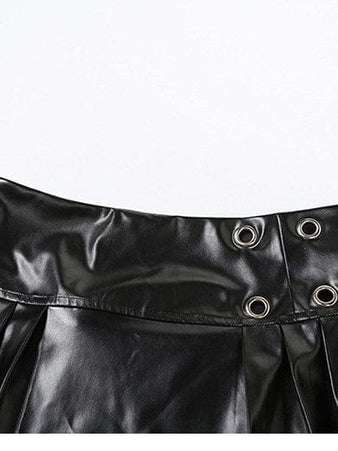 TALKLESSFASHION VOstudio cool punk high waist PU leather pleated skirt motorcycle hot girl asymmetrical corn design short skirt