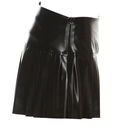 TALKLESSFASHION VOstudio cool punk high waist PU leather pleated skirt motorcycle hot girl asymmetrical corn design short skirt