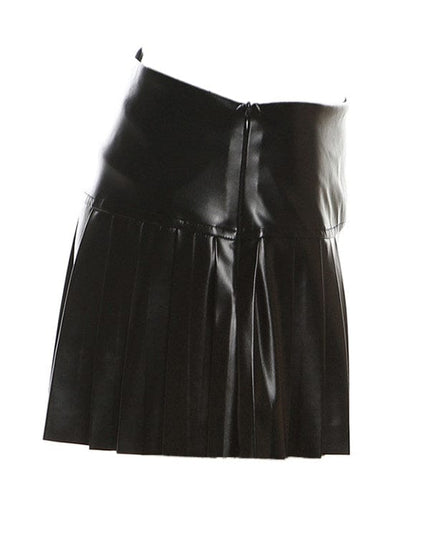 TALKLESSFASHION VOstudio cool punk high waist PU leather pleated skirt motorcycle hot girl asymmetrical corn design short skirt