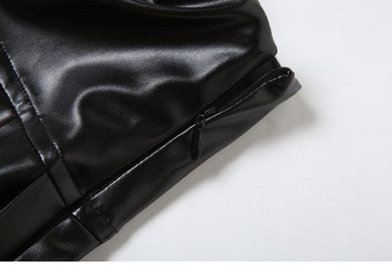 TALKLESSFASHION VOstudio cool punk high waist PU leather pleated skirt motorcycle hot girl asymmetrical corn design short skirt