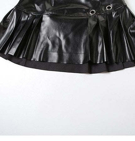 TALKLESSFASHION VOstudio cool punk high waist PU leather pleated skirt motorcycle hot girl asymmetrical corn design short skirt