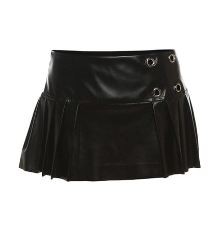TALKLESSFASHION VOstudio cool punk high waist PU leather pleated skirt motorcycle hot girl asymmetrical corn design short skirt