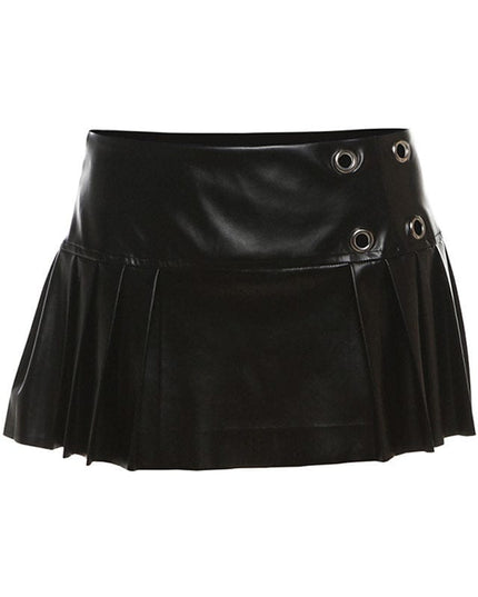 TALKLESSFASHION VOstudio cool punk high waist PU leather pleated skirt motorcycle hot girl asymmetrical corn design short skirt