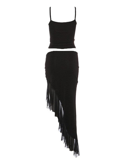 TALKLESSFASHION VOstudio Cool Sa Hot Girl Rivet Mesh Stitching Irregular Skirt Camisole Two Piece Set Woman