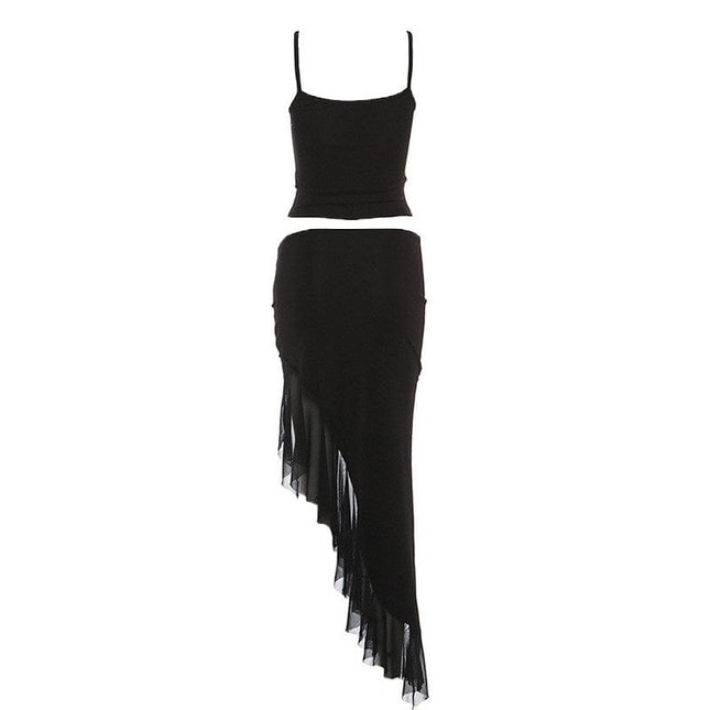 TALKLESSFASHION VOstudio Cool Sa Hot Girl Rivet Mesh Stitching Irregular Skirt Camisole Two Piece Set Woman