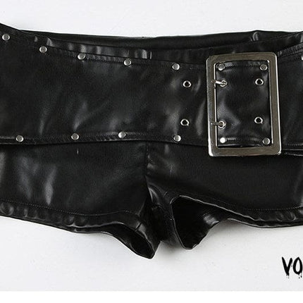 TALKLESSFASHION VOstudio dark punk style big belt Japanese button rivet shorts female hot girl low-waisted PU leather hot pants light Asia