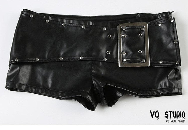 TALKLESSFASHION VOstudio dark punk style big belt Japanese button rivet shorts female hot girl low-waisted PU leather hot pants light Asia