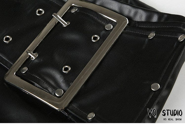 TALKLESSFASHION VOstudio dark punk style big belt Japanese button rivet shorts female hot girl low-waisted PU leather hot pants light Asia