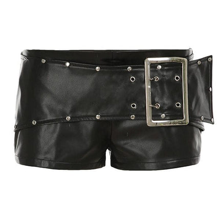 TALKLESSFASHION VOstudio dark punk style big belt Japanese button rivet shorts female hot girl low-waisted PU leather hot pants light Asia