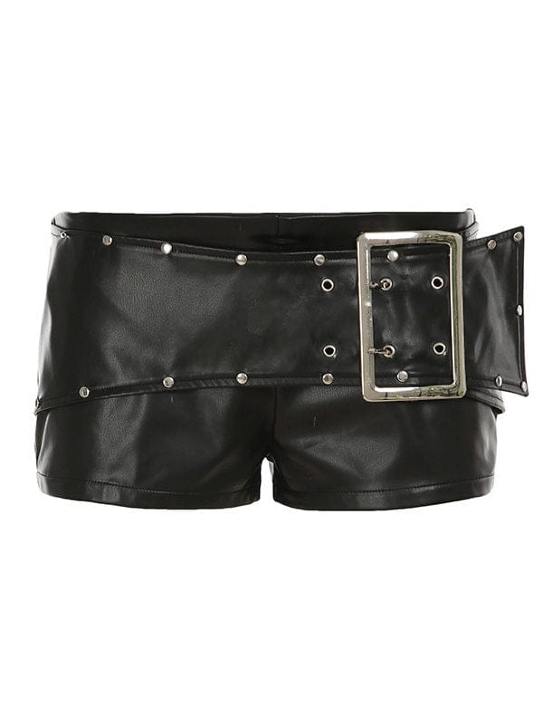 TALKLESSFASHION VOstudio dark punk style big belt Japanese button rivet shorts female hot girl low-waisted PU leather hot pants light Asia