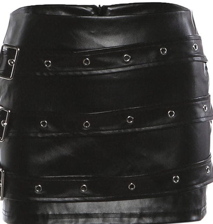 TALKLESSFASHION VOstudio Punk style hot girl PU leather skirt female subculture multi-belt design hip skirt