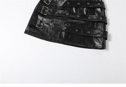 TALKLESSFASHION VOstudio Punk style hot girl PU leather skirt female subculture multi-belt design hip skirt