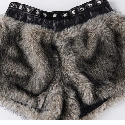 TALKLESSFASHION VOstudio retro heavy industry imitation fur PU leather splicing design sense fur pants hot girl low-rise shorts women's autumn and winter