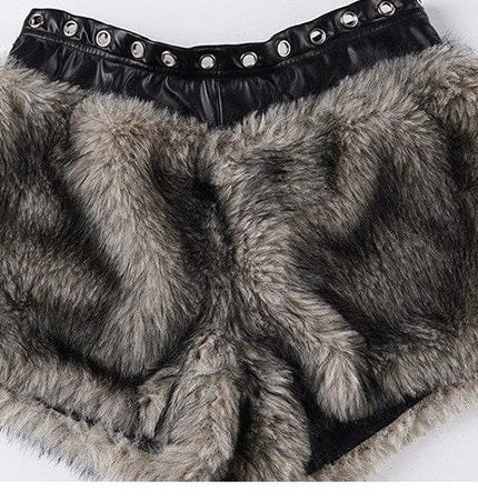 TALKLESSFASHION VOstudio retro heavy industry imitation fur PU leather splicing design sense fur pants hot girl low-rise shorts women's autumn and winter