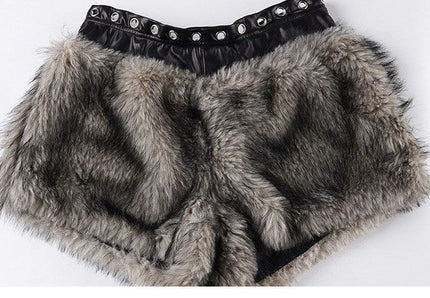 TALKLESSFASHION VOstudio retro heavy industry imitation fur PU leather splicing design sense fur pants hot girl low-rise shorts women's autumn and winter