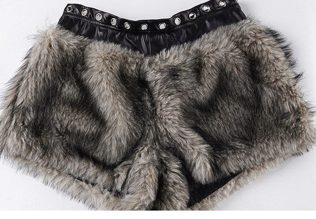 TALKLESSFASHION VOstudio retro heavy industry imitation fur PU leather splicing design sense fur pants hot girl low-rise shorts women's autumn and winter