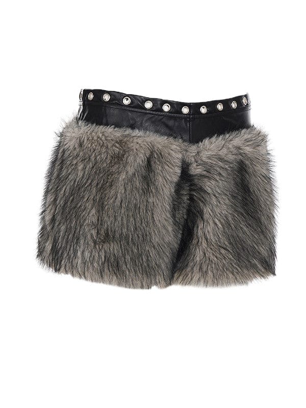 TALKLESSFASHION VOstudio retro heavy industry imitation fur PU leather splicing design sense fur pants hot girl low-rise shorts women's autumn and winter