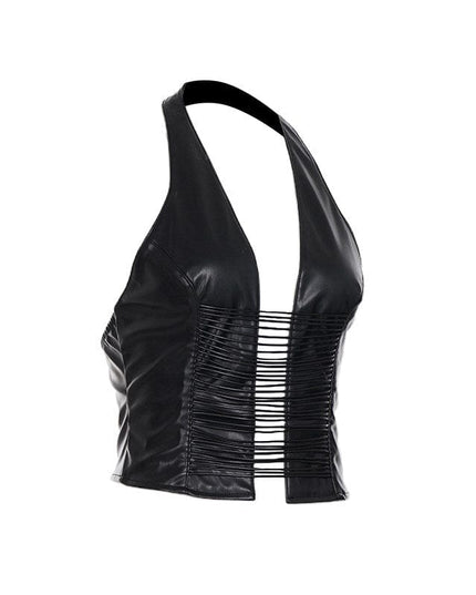 TALKLESSFASHION VOstudio sexy hot girl cut-out line design halterneck open back suspender cool slim PU leather vest