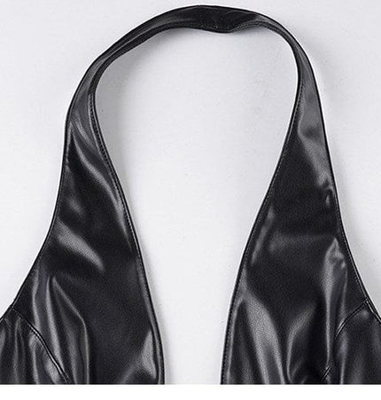 TALKLESSFASHION VOstudio sexy hot girl cut-out line design halterneck open back suspender cool slim PU leather vest