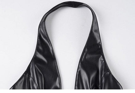 TALKLESSFASHION VOstudio sexy hot girl cut-out line design halterneck open back suspender cool slim PU leather vest