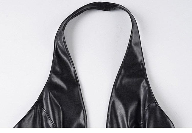 TALKLESSFASHION VOstudio sexy hot girl cut-out line design halterneck open back suspender cool slim PU leather vest