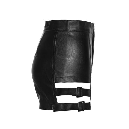 TALKLESSFASHION VOstudio Sexy Hot Girl PU Leather Cut-out Strappy Shorts Women's Black Versatile High Waist Slimming Skinny Hot Pants