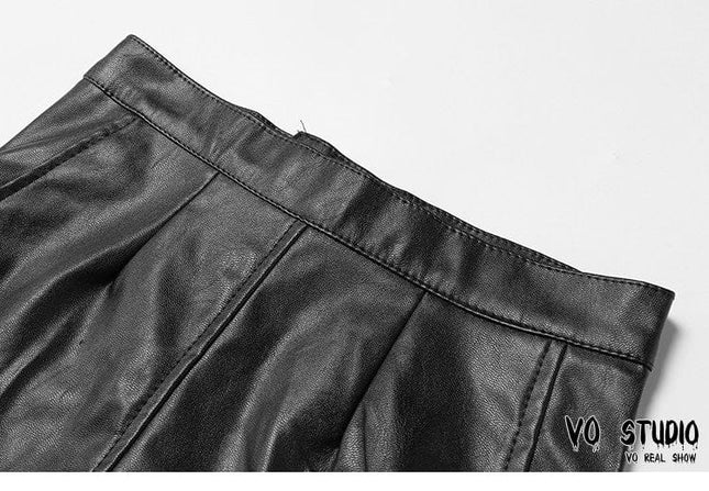 TALKLESSFASHION VOstudio Sexy Hot Girl PU Leather Cut-out Strappy Shorts Women's Black Versatile High Waist Slimming Skinny Hot Pants