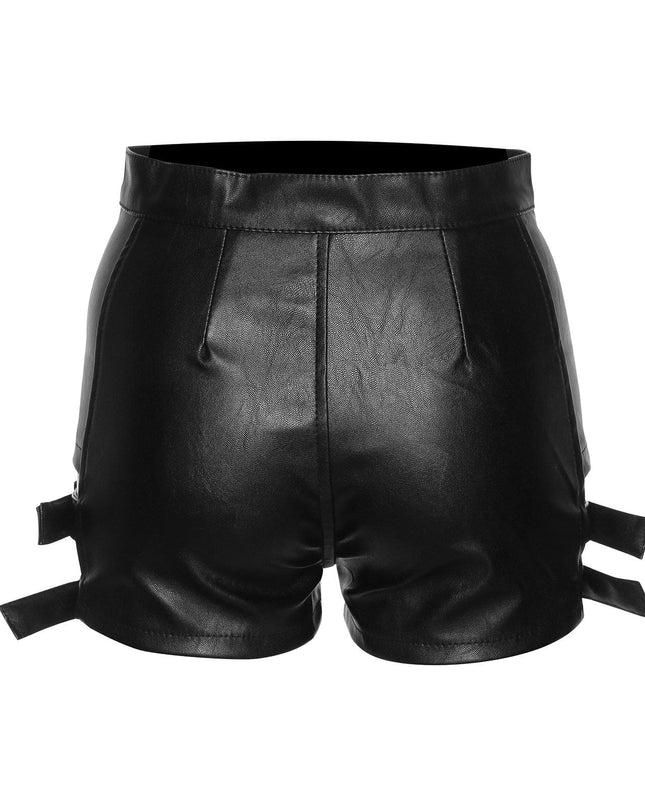TALKLESSFASHION VOstudio Sexy Hot Girl PU Leather Cut-out Strappy Shorts Women's Black Versatile High Waist Slimming Skinny Hot Pants