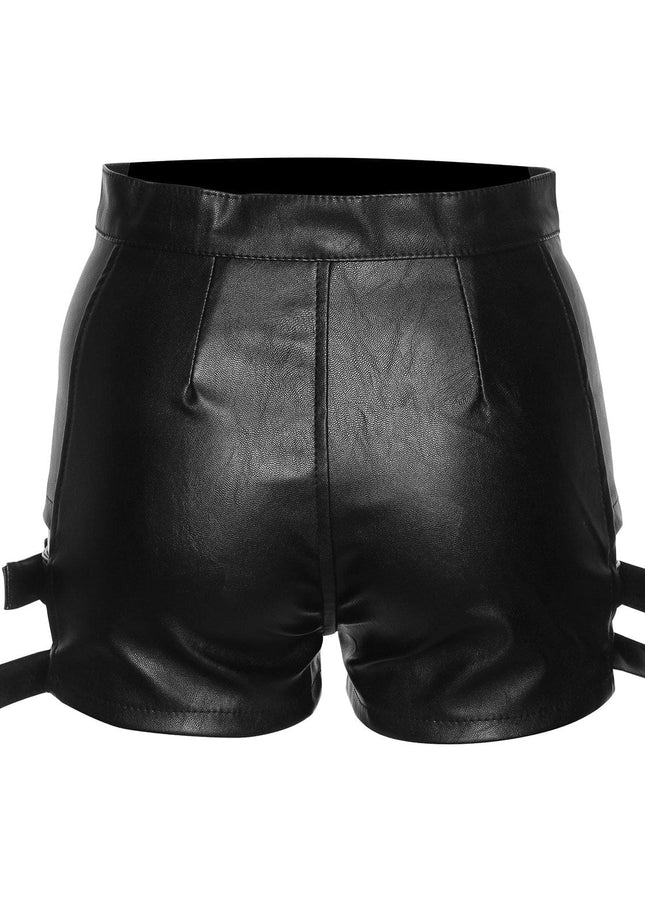 TALKLESSFASHION VOstudio Sexy Hot Girl PU Leather Cut-out Strappy Shorts Women's Black Versatile High Waist Slimming Skinny Hot Pants