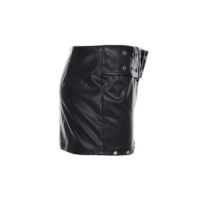TALKLESSFASHION VOstudio Subculture Punk Personality Corn Strap Spliced Short Skirt Sexy Spice Girl Rivet PU Leather Skirt
