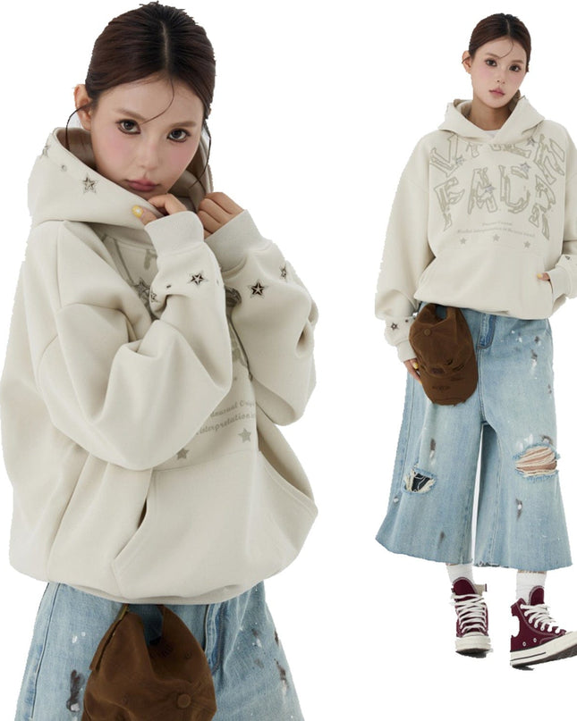 TALKLESSFASHION W600 American Retro Men's and Women's High-End Trend Star Embroidered Hollow Design Men's Loose Hooded Sweatshirt