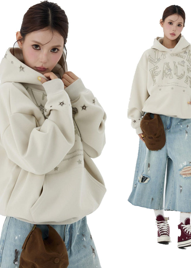 TALKLESSFASHION W600 American Retro Men's and Women's High-End Trend Star Embroidered Hollow Design Men's Loose Hooded Sweatshirt