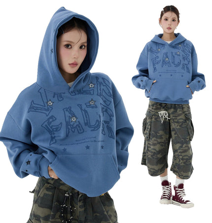 TALKLESSFASHION W600 American Retro Men's and Women's High-End Trend Star Embroidered Hollow Design Men's Loose Hooded Sweatshirt