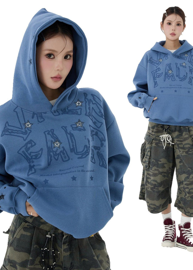 TALKLESSFASHION W600 American Retro Men's and Women's High-End Trend Star Embroidered Hollow Design Men's Loose Hooded Sweatshirt