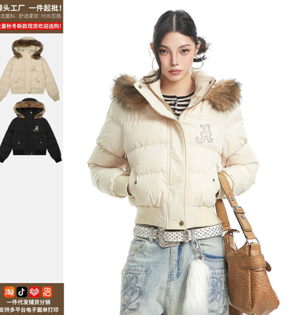 TALKLESSFASHION Warm detachable fur collar hooded cotton jacket women's winter American retro casual thickened bread clothes manufacturer straight hair