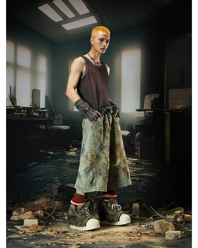 TALKLESSFASHION Wasteland Niche Layered Cropped Jeans