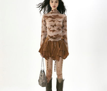 TALKLESSFASHION Wasteland style retro irregular ruffle skirt women's spring and summer design sense small man streamer pleated skirt