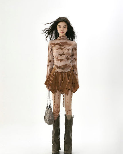 TALKLESSFASHION Wasteland style retro irregular ruffle skirt women's spring and summer design sense small man streamer pleated skirt
