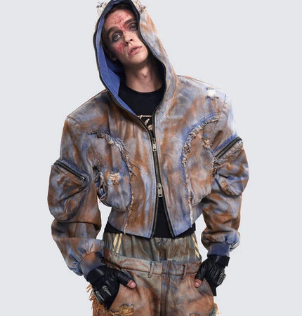 TALKLESSFASHION Wasteland style short hooded denim jacket men make old mud dye fake two pieces of broken structure raw edge jeans