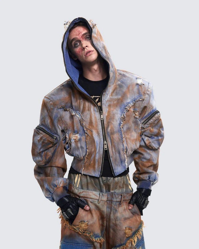 TALKLESSFASHION Wasteland style short hooded denim jacket men make old mud dye fake two pieces of broken structure raw edge jeans