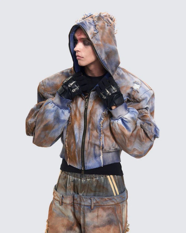 TALKLESSFASHION Wasteland style short hooded denim jacket men make old mud dye fake two pieces of broken structure raw edge jeans