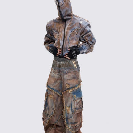 TALKLESSFASHION Wasteland style short hooded denim jacket men make old mud dye fake two pieces of broken structure raw edge jeans