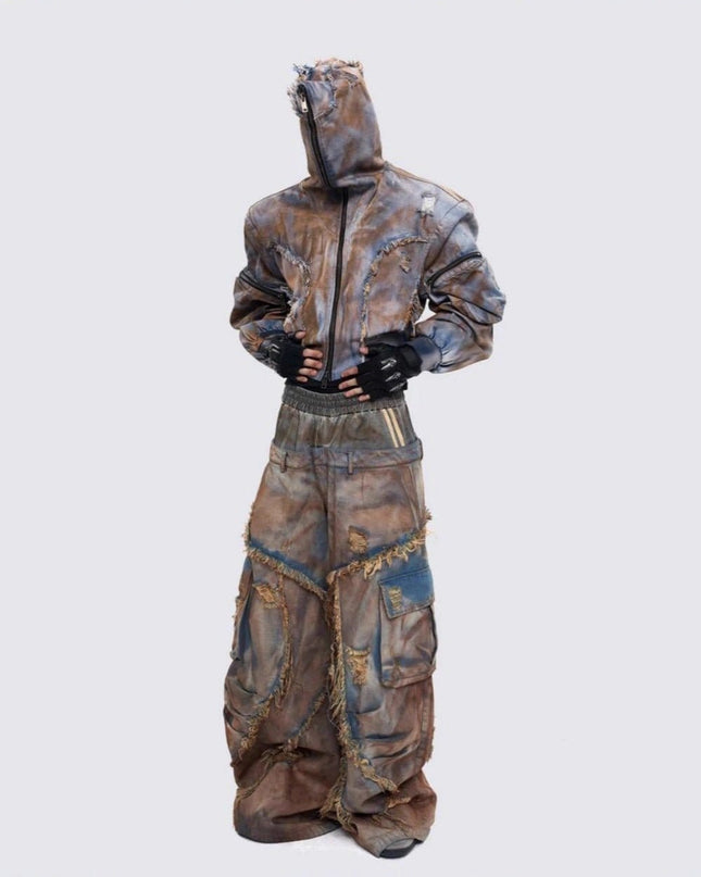 TALKLESSFASHION Wasteland style short hooded denim jacket men make old mud dye fake two pieces of broken structure raw edge jeans